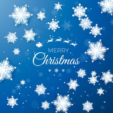 Neşeli Noel tebrik kartı. Origami kar yağışı. Beyaz kağıt kar pul kes. Yeni Yılınız Kutlu Olsun. Metin için yer. Kış kar taneleri arka plan. Mavi arka plan üzerinde vektör çizim