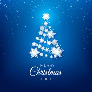 Noel ağacı tebrik kartı. Yeni yıl ağacı siluet üzerinden kağıt kar taneleri. Mutlu yeni yıl ve mutlu Noeller. Soyut tatil arka plan. Vektör çizim