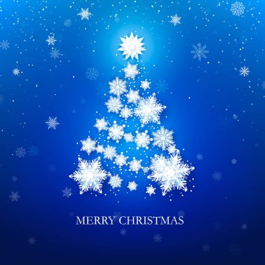 Mavi zemin üzerine beyaz kar tanesi Noel ağacı. Noel tebrik kartı. Vektör çizim