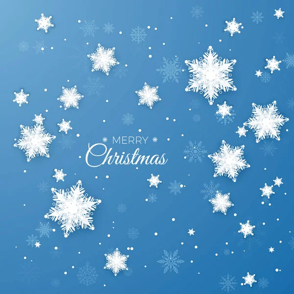 Neşeli Noel tebrik illüstrasyon. Kağıt Snowflakes desen arka plan. Origami kar yağışı. Kış kar taneleri arka plan. Tatil dekorasyon öğesi. Üzerinde mavi arka plan izole vektör