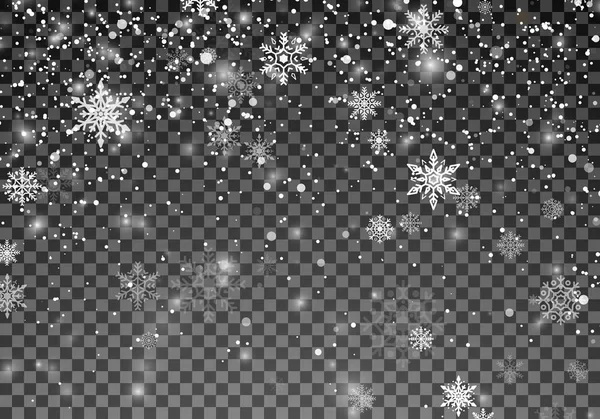 降雪模板 圣诞雪 在透明的背景下飘落的雪花 圣诞节假期背景 向量例证 — 图库矢量图片