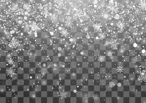 Weihnachtsschneefall Vorlage Schneeflocken Fallen Auf Transparentem Hintergrund Weihnachtsfeiertag Hintergrund Vektorillustration — Stockvektor