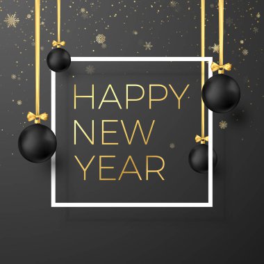 Mutlu yeni yıl kartı siyah Noel topları altın şeritler ve şenlikli altın metin ile beyaz çerçeve içinde tebrik. Vektör çizim