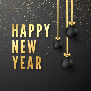 Koyu arka plan üzerinde altın metin mutlu yeni yıl tebrik. Altın şeritler asılı siyah Noel topları. Vektör çizim