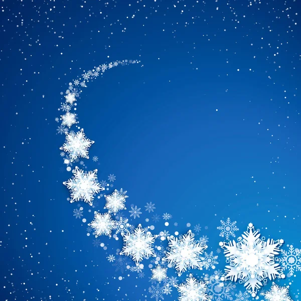 Snowflekes トレイル 青の背景に降雪 スノーフレーク光沢のある渦 ベクトル図 — ストックベクタ