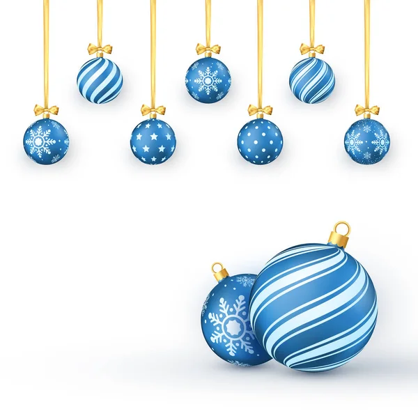 New Year Background Blue Christmas Balls Golden Ribbons Bows Vector — Stock Vector