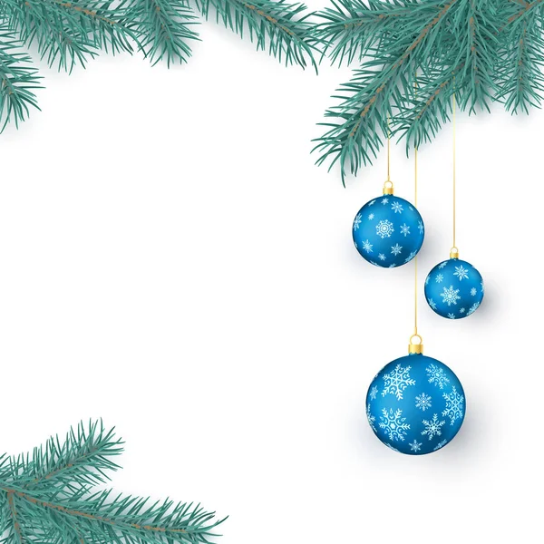 Galhos Abeto Bolas Natal Azuis Com Ornamento Flocos Neve Com — Vetor de Stock