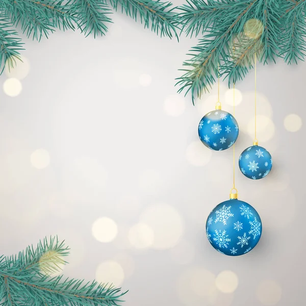 Galhos Abeto Bolas Natal Azuis Com Ornamento Flocos Neve Com — Vetor de Stock