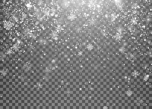 Magic holiday snowfall template. Christmas snow. Falling snowflakes on transparent background. Xmas holiday background. Vector illustration