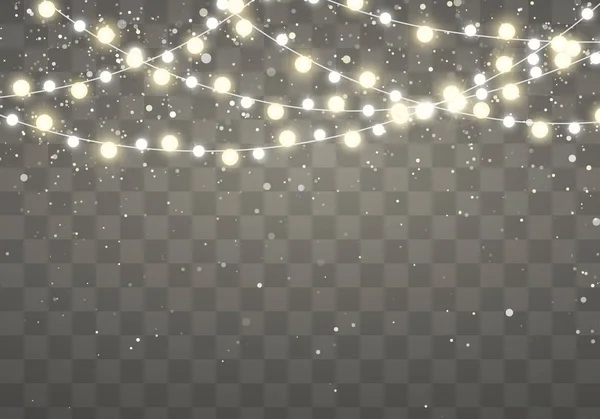 Kerstverlichting Met Glinsterende Vallende Sneeuwvlokken Geïsoleerd Transparante Achtergrond Xmas Gloeiende — Stockvector
