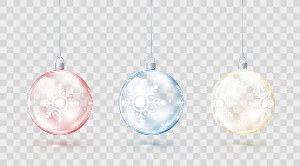 模板的玻璃透明圣诞球 元素圣诞节装饰 闪亮的五颜六色的玩具 金色的红色和蓝色的光芒 在透明背景上被隔绝的向量例证 — 图库矢量图片