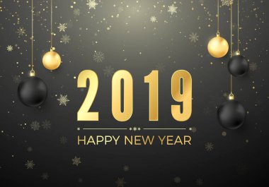 Mutlu yeni yıl 2019. Yeni yıl ve Noel dekorasyon öğesi. Siyah ve altın Noel topları ve golden numaraları 2019 tebrik kartı. Vektör çizim