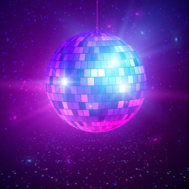 Disco or mirror ball with bright rays. Music and dance night party background. Abstract night club retro background 80s and 90s. Vector illustration clipart