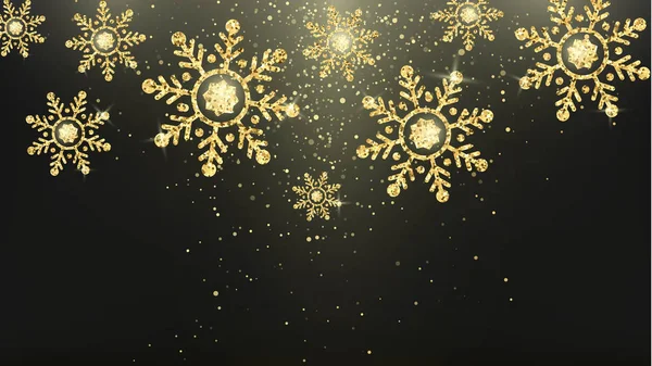 Goldene Schneeflocken Neujahr Und Weihnachten Zauber Dekoration Hintergrund Urlaubsbanner Oder — Stockvektor
