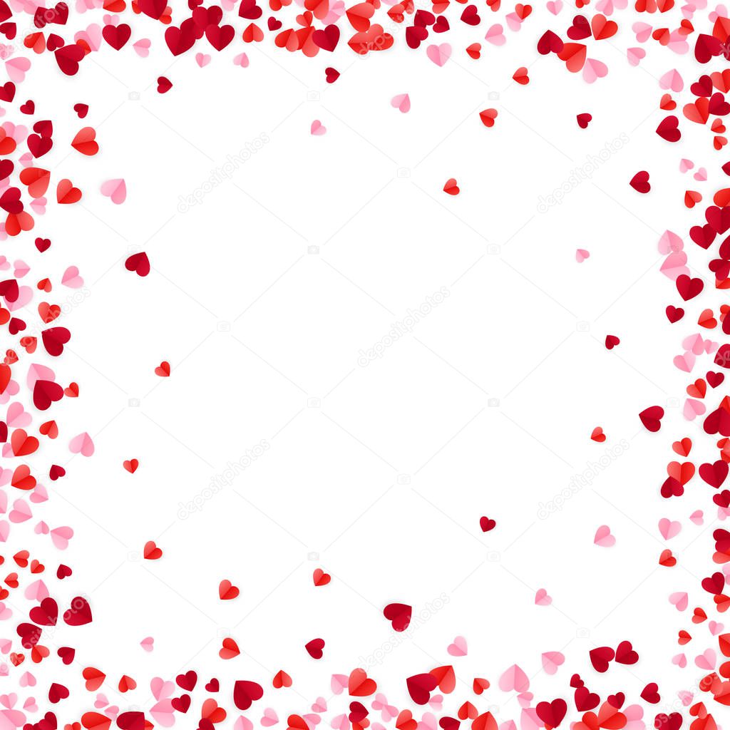 Red and Pink Paper Hearts Frame Background. Hearts Frame with space for Text. Romantic Scattered Hearts Texture. Design for Valentine's Day or Weddings and Mother's Day. Vector illustration