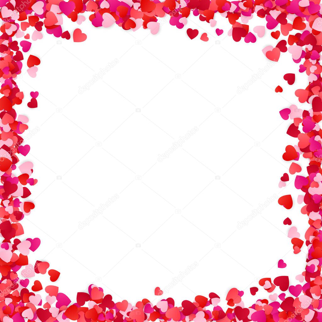 Color Paper Heart Frame Background. Heart Frame with space for Text. Romantic Scattered Hearts Texture. Love. Design for Valentine's Day or Weddings and Mother's Day. Vector illustration