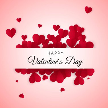 Happy Valentine's Day tebrik kartı Label metni kağıt kalp arka plan ile. Vektör çizim