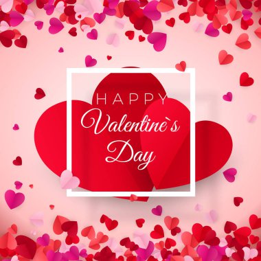 Sevgililer günü kartpostal. Metin ile beyaz çerçeve içinde iki büyük kalp. Sevgililer günün kutlu olsun. 14 Şubat tatil. Vektör çizim