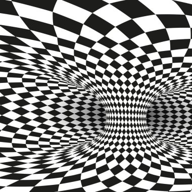Geometrik kare siyah beyaz optik yanılsama. Soyut solucan tüneli deforme. Vektör çizim