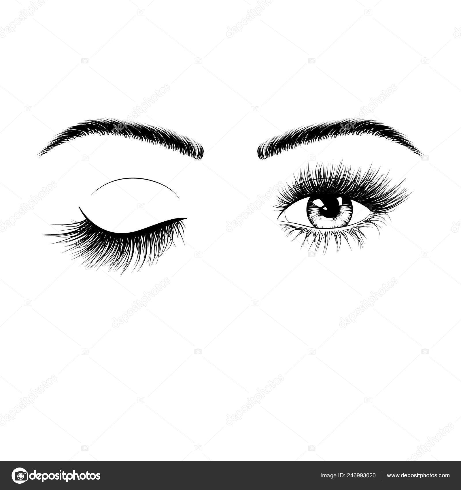 目のシルエット 手描きの女性の目のシルエット 片目をウインクします まつげと眉毛と目 白い背景で隔離のベクトル図 ストックベクター  ©designbyihor@gmail.com 246993020
