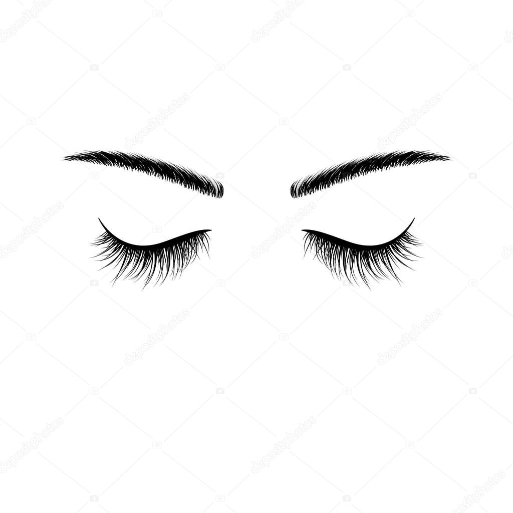 Black eyebrows and eyelashes eyes closed. Advertising false eyelashes. Vector illustration isolated on white background
