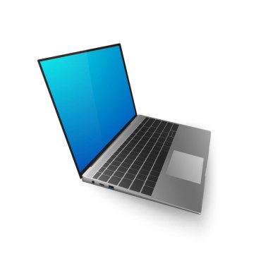 Dizüstü kadar sahte. 3D laptop tasarım veya afiş için bkue ekran ile. Beyaz arka plan üzerinde izole vektör çizim