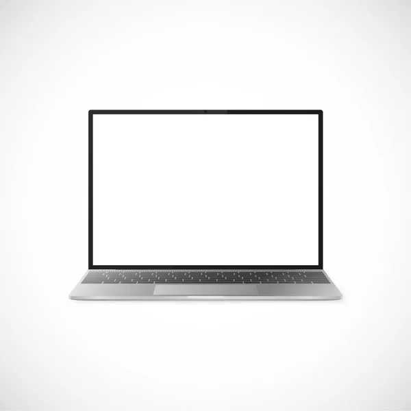 Portátil con sombra aislada sobre fondo blanco. Diseño portátil con pantalla negra y teclado gris. Vista frontal del ordenador portátil. Ilustración vectorial — Archivo Imágenes Vectoriales