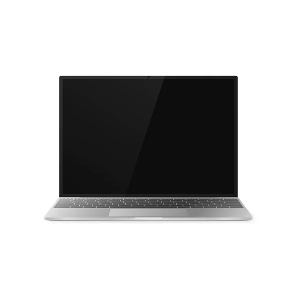 Vista frontale del computer portatile. Laptop con ombra isolata su sfondo bianco. Design del computer portatile con display nero e tastiera grigia. Illustrazione vettoriale — Vettoriale Stock