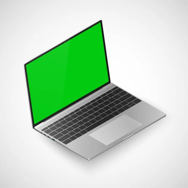 Изометрический вид ноутбука. Реалистичный ноутбук с зеленым экраном для ваших данных. Векторная иллюстрация изолирована на белом — стоковый вектор