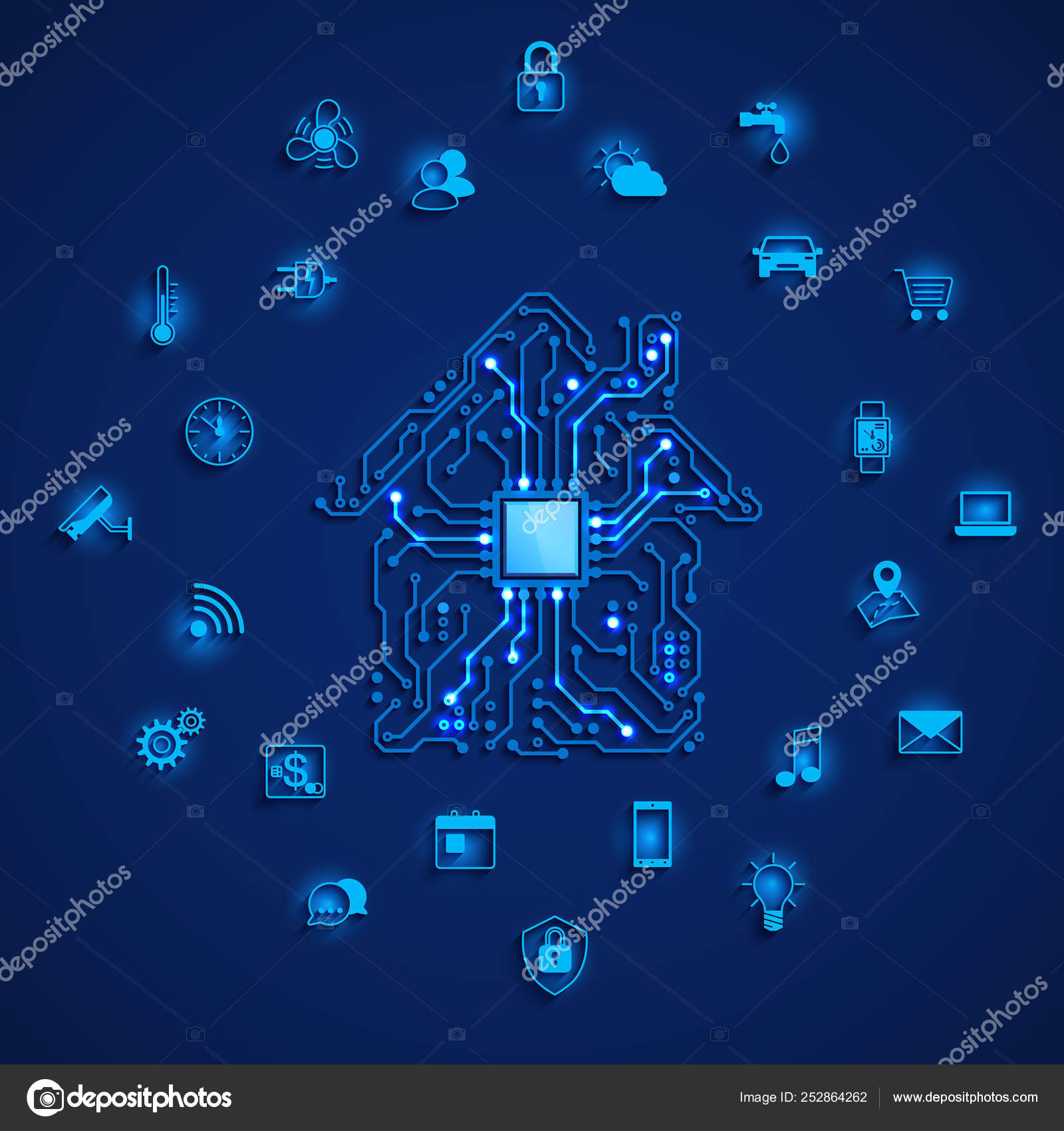 Smart house or IOT concept. Smart home icons set. Remote monitoring and  control smart house. House circuit and smart home function icons. Vector  illustration on blue background Stock Vector Image by  ©designbyihor@ #