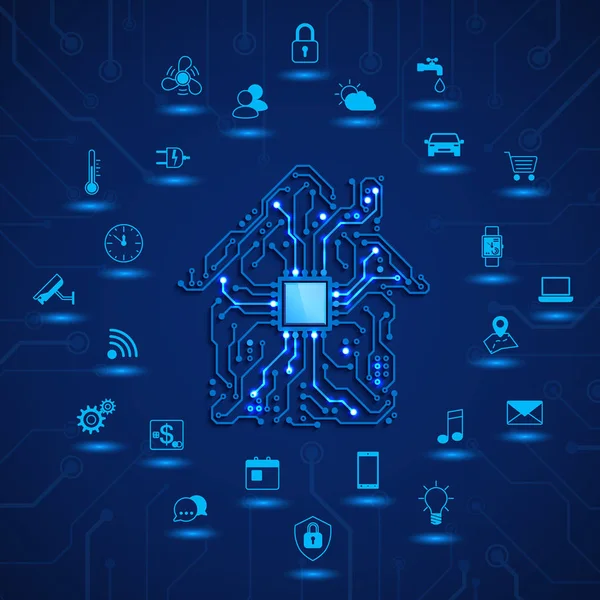 Casa inteligente o concepto IOT. Monitoreo remoto y control de casa inteligente. Circuito de la casa e iconos de la función del hogar inteligente. Ilustración vectorial sobre fondo azul — Vector de stock