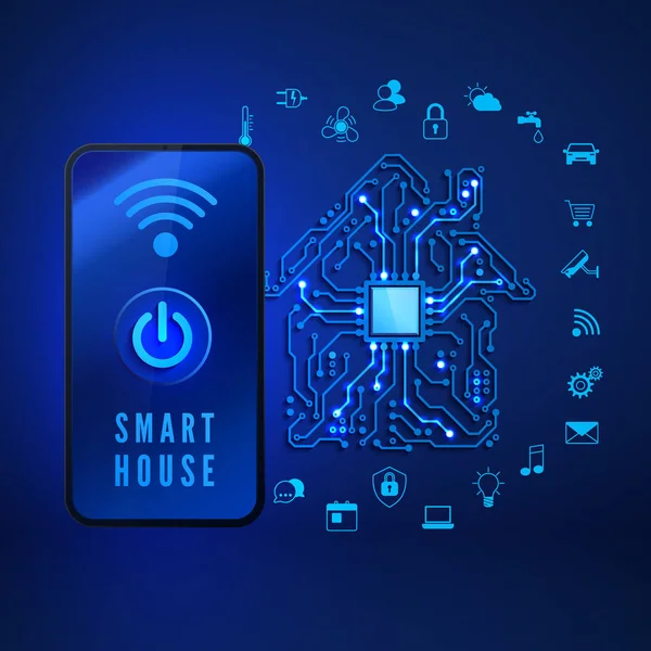 Akıllı ev concept. Uzaktan izleme ve kontrol evden smartphone akıllı. House devre ve akıllı ev fonksiyon simgeleri. Mavi arka plan üzerinde vektör çizim — Stok Vektör