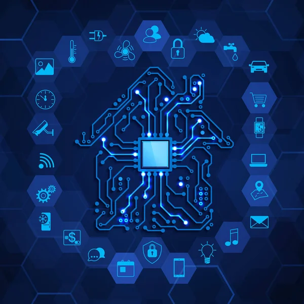 Slim huis concept. Innovatie van de technologie van de toekomst. Huis circuit en slimme huis functie pictogrammen. Vectorillustratie op blauwe achtergrond — Stockvector