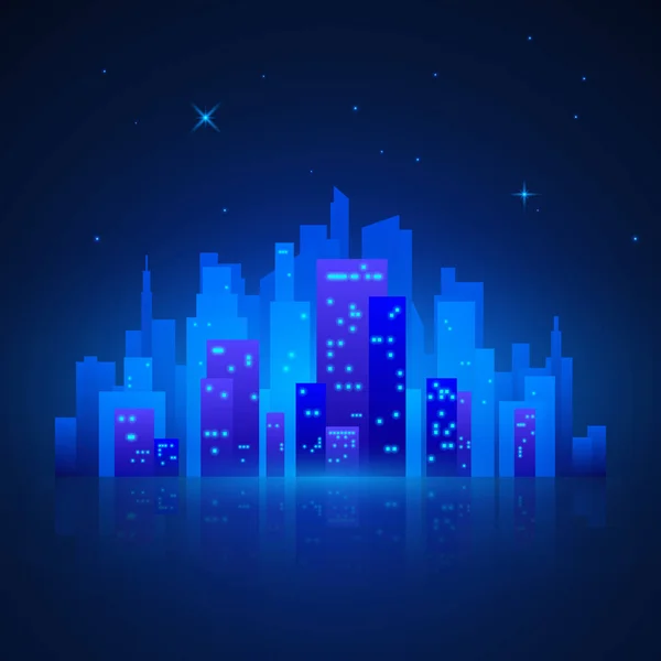 Paesaggio urbano. Luci notturne futuristiche. City Silhouette su sfondo blu. Illustrazione vettoriale — Vettoriale Stock