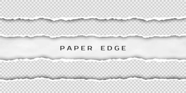 Kağıt gözyaşı sınırı. Yırtık yatay Dikişsiz kağıt çizgiler seti. Şeffaf arka planda izole edilen hasarlı kenarlı kağıt dokusu. Vektör Illustration