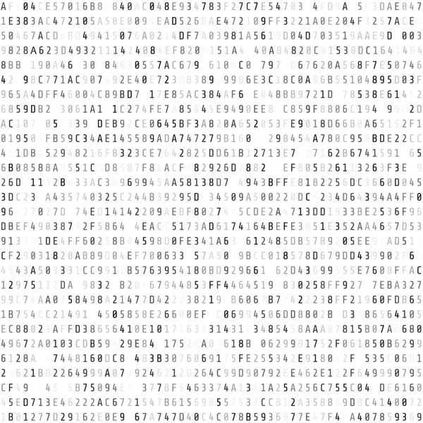 16進コードストリーム。抽象的なデジタルデータ要素。マトリックスの背景。ホワイトに分離されたベクターイラスト — ストックベクタ