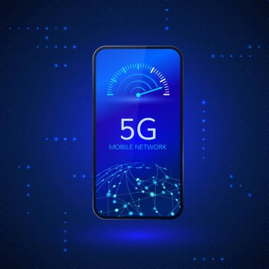 5g ağ kablosuz sistemleri ve internet. İletişim ağı. Internet hız göstergesi ve küresel ağ ile cep telefonu. Vektör çizimi