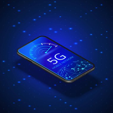 5g ağ teknolojisi afiş. Kablosuz sistemler ve internet. İletişim ağı. Internet hız göstergesi ve küresel ağ ile cep telefonu. Vektör çizimi