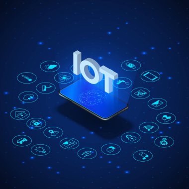Nesnelerin Interneti kavramı. Iot izometrik afiş. Dijital küresel ekosistem. Akıllı telefon tarafından izleme ve kontrol. Vektör çizimi