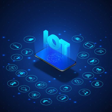 Nesnelerin Interneti kavramı. Iot izometrik afiş. Dijital küresel ekosistem. Akıllı telefon tarafından izleme ve kontrol. Mavi teknoloji bacoground. Vektör çizimi