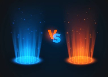 Parlayan spot kırmızı ve mavi renklere karşı. Işınlar ve kıvılcımlar ile Vs savaş sahnesi. Soyut hologram. vektör illüstrasyon