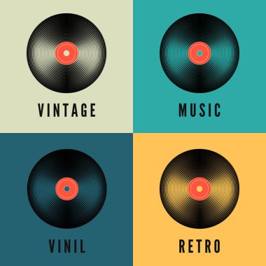 Eski müzik vinil kayıt retro renklerde ayarlayın. Albüm şablonu kapsar. Vektör çizimi