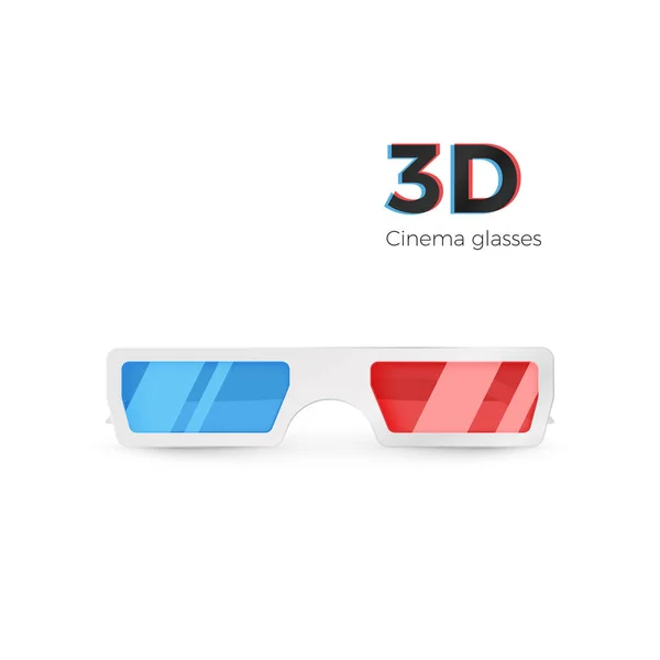 Realistische 3D weiße Brille Frontansicht. Papierkinogläser mit rotem und blauem Glas. Vektor-Illustration isoliert auf weißem Hintergrund — Stockvektor
