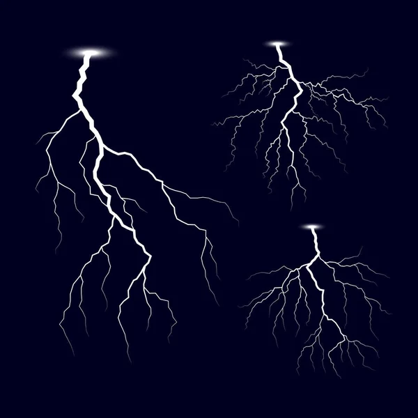 Lightning. Thunder storm lightnings set. Bright light effects. Vector Illustration isolated on dark background — Stock Vector