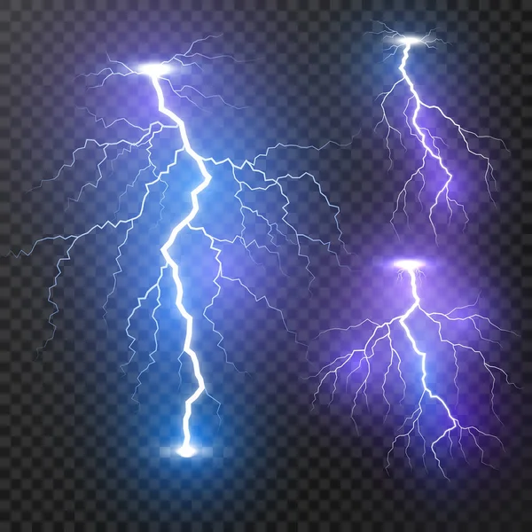 Lightning. Thunder storm realistic lightnings set. Magic and bright light effects. Vector Illustration isolated on transparent background — Stock Vector