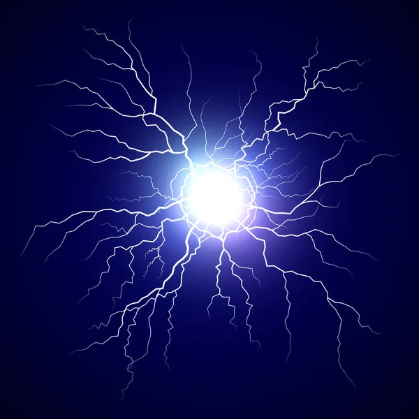 Plasma bolt. Fireball on dark background. Thunder storm flash light. Realistic electricity lightning. Vector illustration — Stock Vector