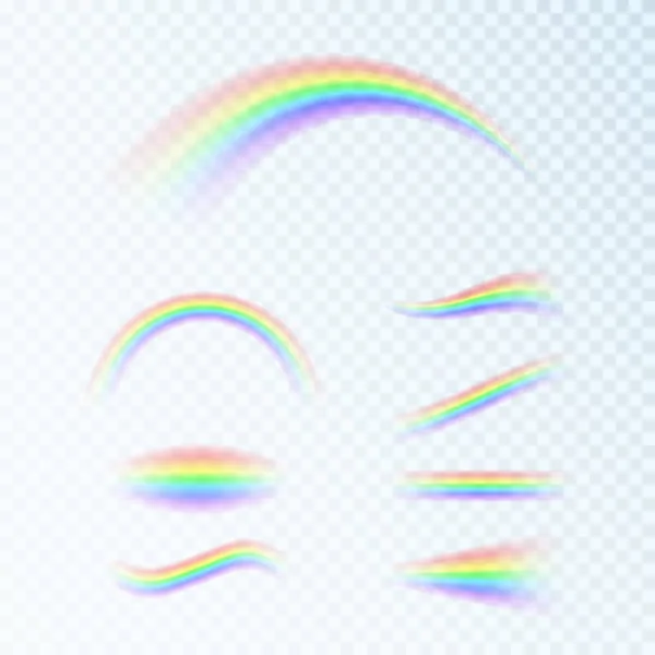 異なる形に設定された虹。ファンタジーアートデザイン。光のスペクトル、7色。透明な背景に分離されたベクトルイラストレーション — ストックベクタ