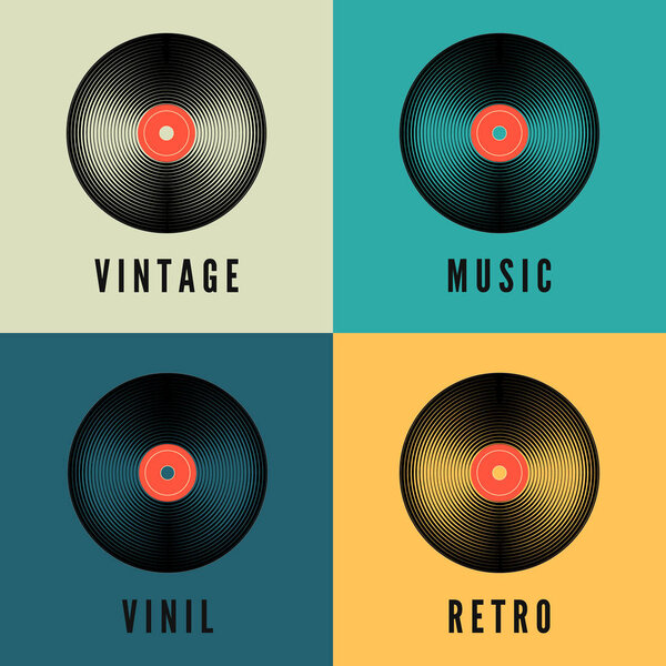 Old music vinyl record set in retro colors. Album covers template. Vector illustration