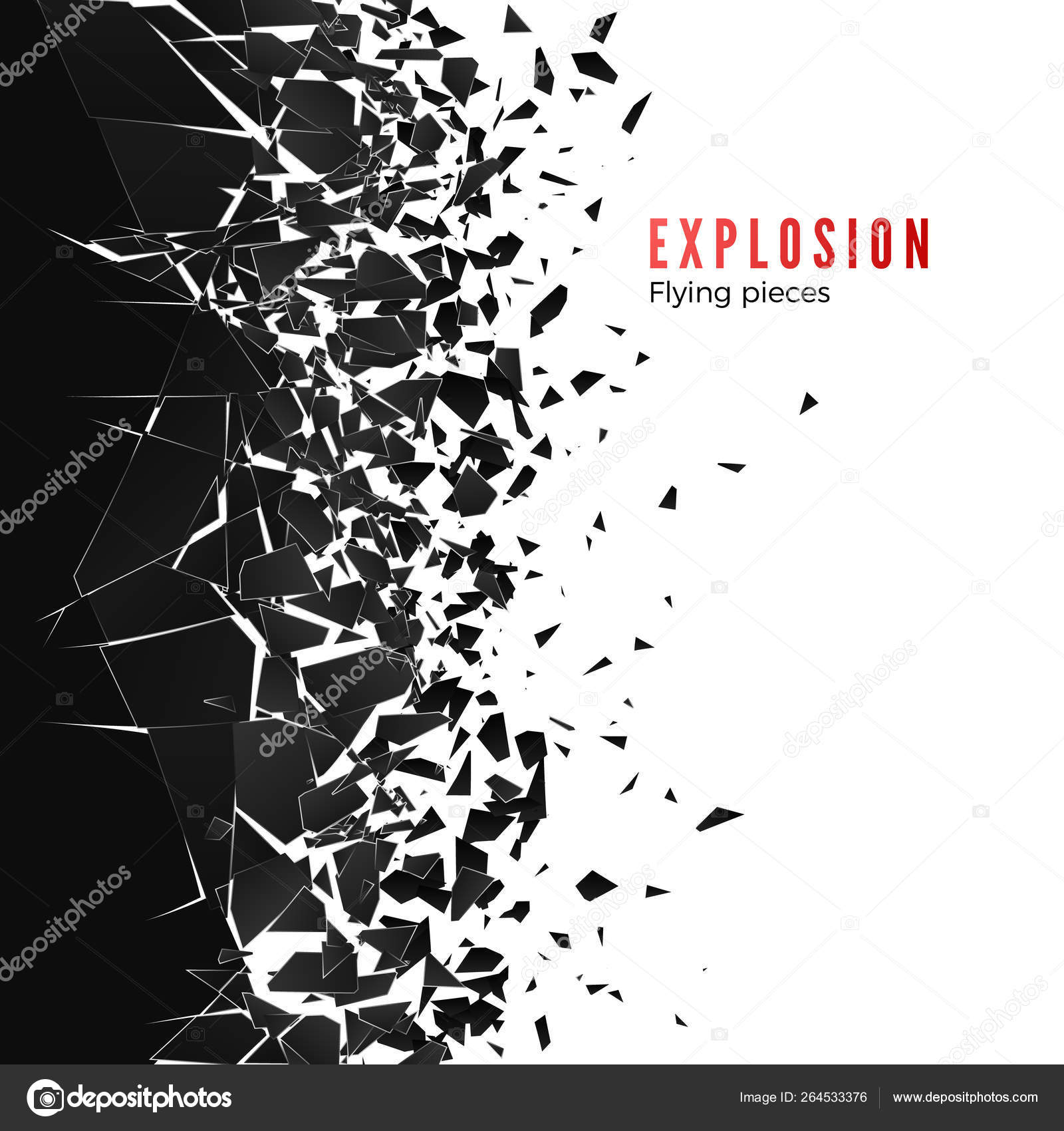 Abstract cloud of pieces and fragments after wall explosion. Shatter