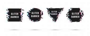 Glitch etkisi ile afiş geometrik şekiller kümesi. Beyaz arka planda yalıtılmış vektör çizimi
